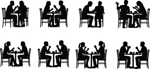 Set of couples sitting at restaurant tables, people dining, talking and dating, cafe social meeting, black and white vector