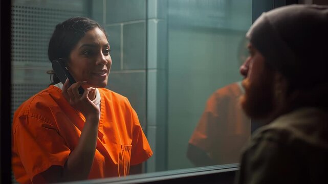 Female inmate in an orange jumpsuit talking on the phone to a visitor in a prison visitation booth