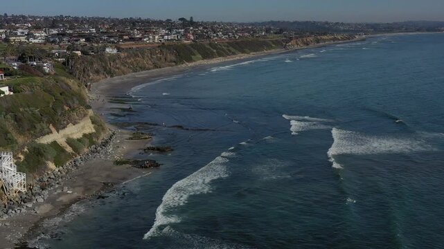 Aerial view of the Yogananda Ashram, perched atop a cliff overlooking the ocean, with a long stairway leading down to the beach, Encinitas, California, United States.