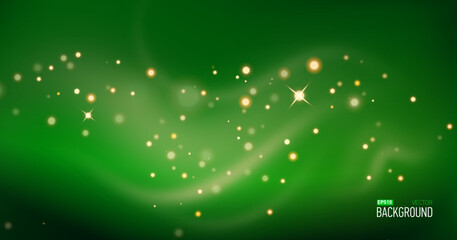 Green christmas glitter background with stars. Festive glowing blurred texture.