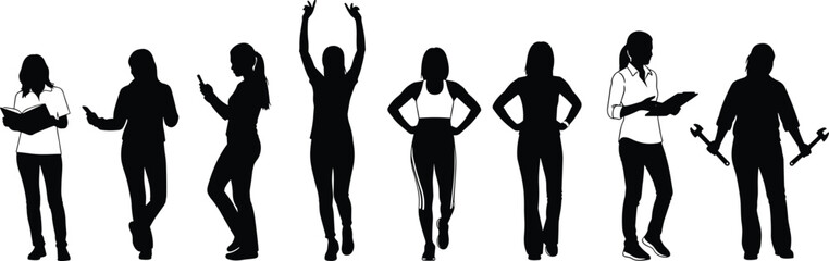Set of diverse women silhouettes showing different careers and hobbies, female professions vector illustration isolated on white, education and labor.