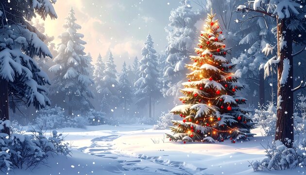 Snowy winter forest with a decorated Christmas tree, with sun breaking through trees and fresh tracks in the snow