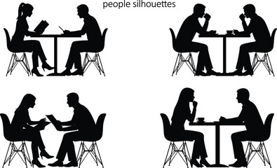 Set of people silhouettes sitting at tables in cafe, business meeting and dating couples, restaurant vector illustration isolated on white.