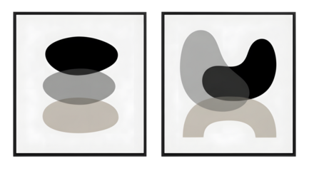 Two framed abstract minimalist art prints with overlapping organic shapes in black and neutral tones isolated on a transparent background
