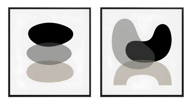 Two framed abstract minimalist art prints with overlapping organic shapes in black and neutral tones isolated on a transparent background - Powered by Adobe