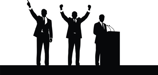 Three businessmen or politicians silhouettes on stage, speech at podium, victory celebration with raised hands, election concept vector illustration