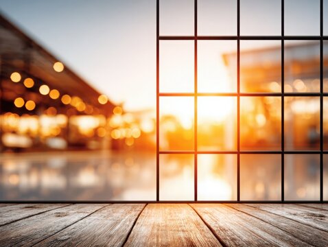 Sunset view through grid window with wooden floor and bokeh lights  