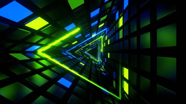 Blue and Green Neon Triangle Tunnel Background VJ Loop in 4K
