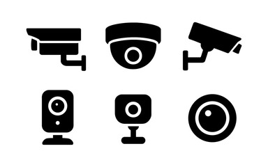 Security camera icons set: modern silhouette designs for surveillance and monitoring