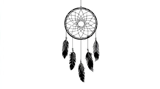 Detailed black and white dreamcatcher with feathers hangs.