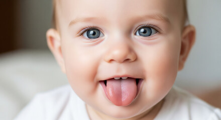 Beb&eacute; sacando la lengua y mostrando sus primeros dientes.
