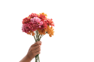 Elderly person holding freshly picked flower isolated on transparent background