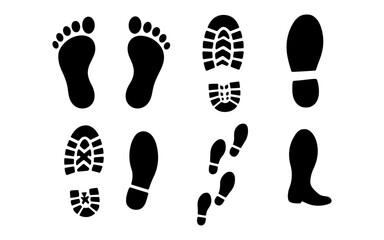 Silhouette shoe and footprint collection: diverse footwear styles and patterns