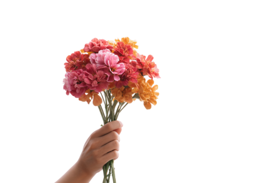 Elderly person holding freshly picked flower isolated on transparent background