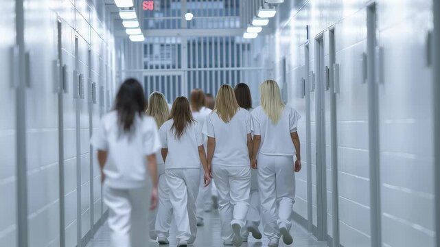 Rear view of female inmates in white uniforms walking down a sterile prison hallway