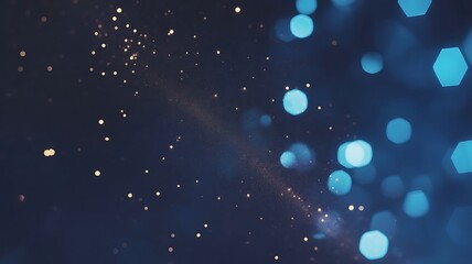 Abstract background with glowing blue bokeh lights and shimmering particles on dark navy blue