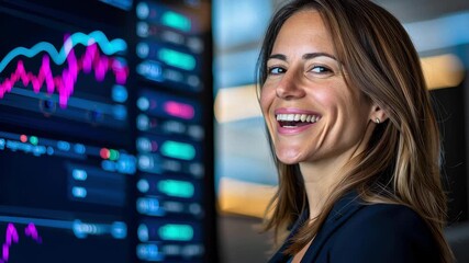 Confident businesswoman stock market trading screen financial analysis smiling professional office neon chart data technology surge modern office - Powered by Adobe