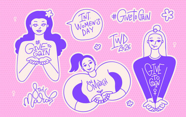 Linear cartoon stickers set for 2026 International Womens Day for planners, notebooks. Give to Gain campaign. List of feminism positive hand drawn doodle lady characters, GiveToGain lettering.