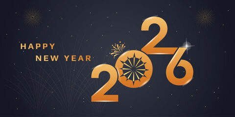 Happy New Year 2026 greeting card golden numbers with snowflake and confetti