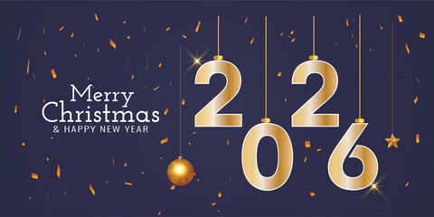 Golden 2026 numbers with Merry Christmas and Happy New Year greeting card. vector illustration.