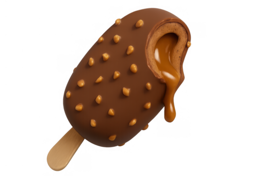 Chocolate covered ice cream bar with caramel filling dripping, crunchy nuts, refreshing summer dessert