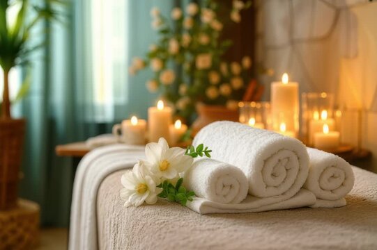 Relaxing spa setup with candles and fresh flowers in room