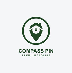 Monochromatic green logo combining a location pin with a simple house structure, perfect for real estate, navigation, home services, or mapping businesses.