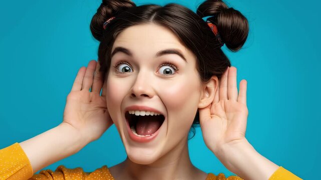 Surprised girl with a funny hairstyle holding hands to her ears to hear better