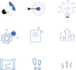 Business strategy and development icon set for planning analysis growth and corporate management illustrations