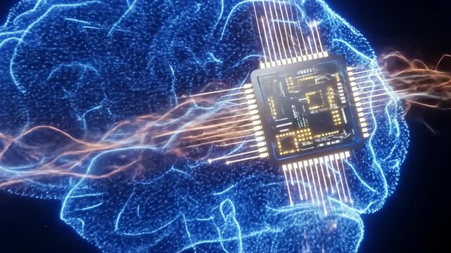 A glowing digital brain connected to a computer microchip, illustrating the concept of a brain-computer interface.
