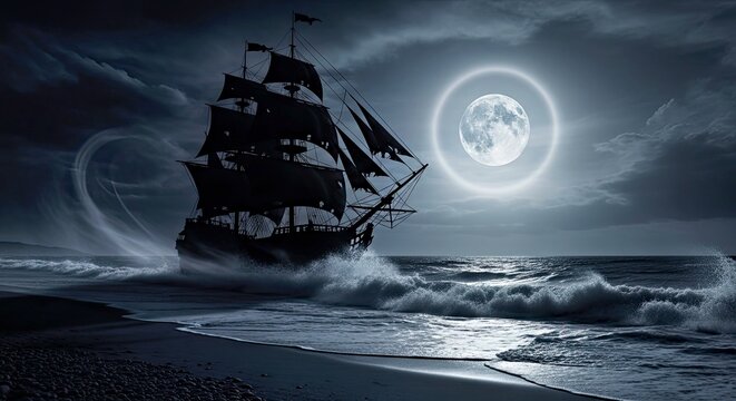Pirate Ship Sailing Under Full Moon at Night on Dark Ocean - Powered by Adobe