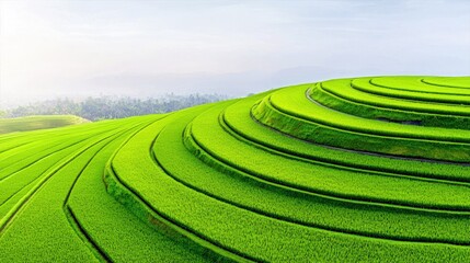 Expansive, vibrant green rice terraces are sculpted into the contours of a rolling hillside, creating a visually stunning agricultural landscape.