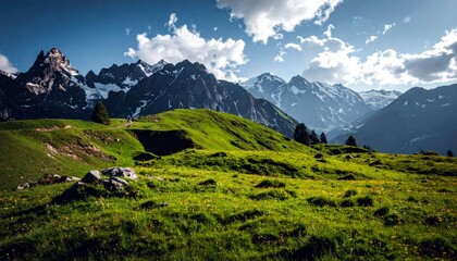 A lush green meadow dotted with yellow wildflowers slopes towards majestic, snow-capped mountains under a partly cloudy blue sky.