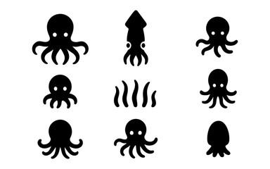 Silhouette icons of octopus and squid in minimalist black design
