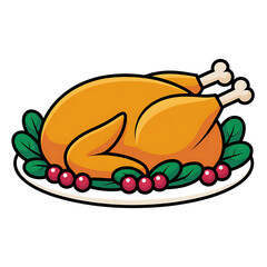 Deliciously roasted golden brown turkey on a festive platter with cranberries and greens isolated on transparent background