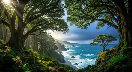 Scenic coastal landscape with lush forest, dramatic cliffs, and ocean view under a cloudy sky