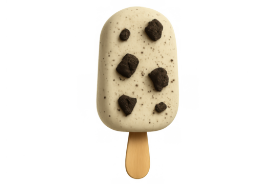 Cookies and cream flavored ice cream bar on a stick, featuring white vanilla ice cream with dark chocolate cookie chunks