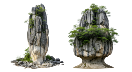 Two karst rock formations with lush green trees growing on them isolated on a transparent background