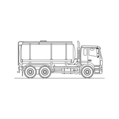 Illustration of a tank truck in black and white outline isolated on, perfect for technical drawings
