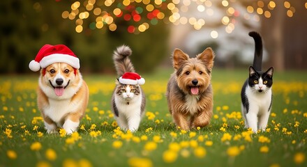 Festive pets celebrating Christmas in a grassy field with bokeh lights.