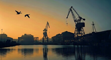 Obraz premium Silhouette of Birds Flying Over Industrial Cranes at Sunset