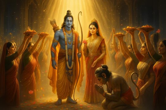 Lord rama and sita with devotees in a celebration of heritage