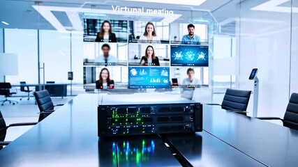 Modern office setup with a virtual meeting displayed, central server, and a sleek conference table - Powered by Adobe
