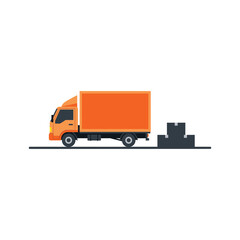 Orange delivery truck with cardboard boxes isolated on commercial vehicle for transportation