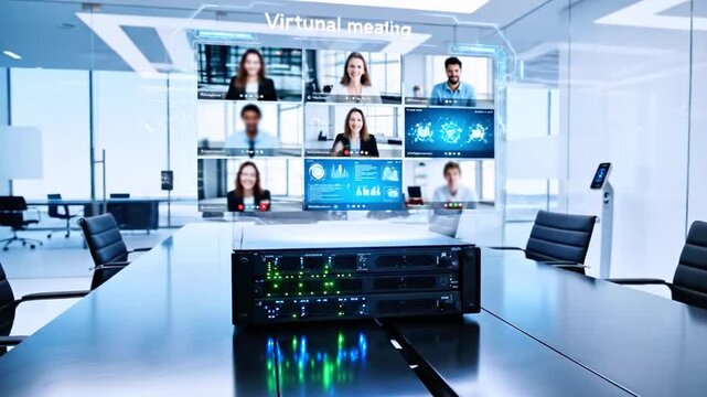 Modern office setup with a virtual meeting displayed, central server, and a sleek conference table