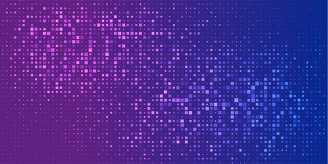 Purple Blue Digital Technology Futuristic Background. Square Pixels Pattern with Lighting Glowing Particles Square Elements. Technology or Science Research Presentation Backdrop. Vector Illustration.