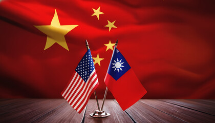 Flags of usa taiwan and china displayed on a wooden surface depicting international relations and politics