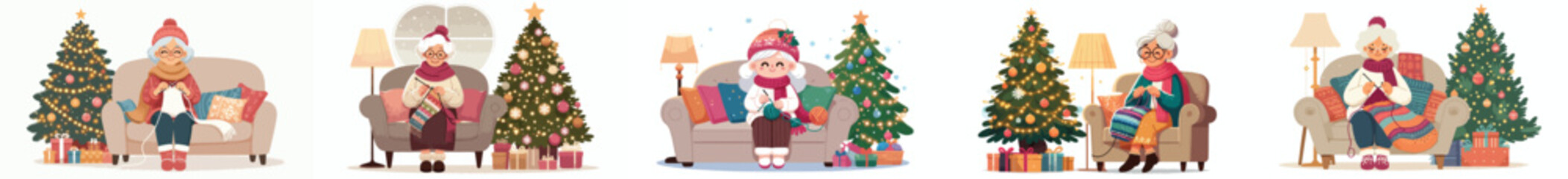 Grandma knitting on the couch in winter