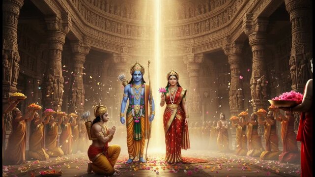 Celebration of Lord Rama and Sita in ancient temple setting