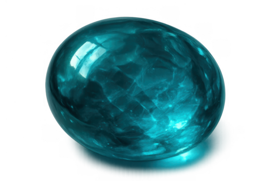 Teal glass sphere reflecting light, showing abstract patterns and transparent qualities, casting a soft glow